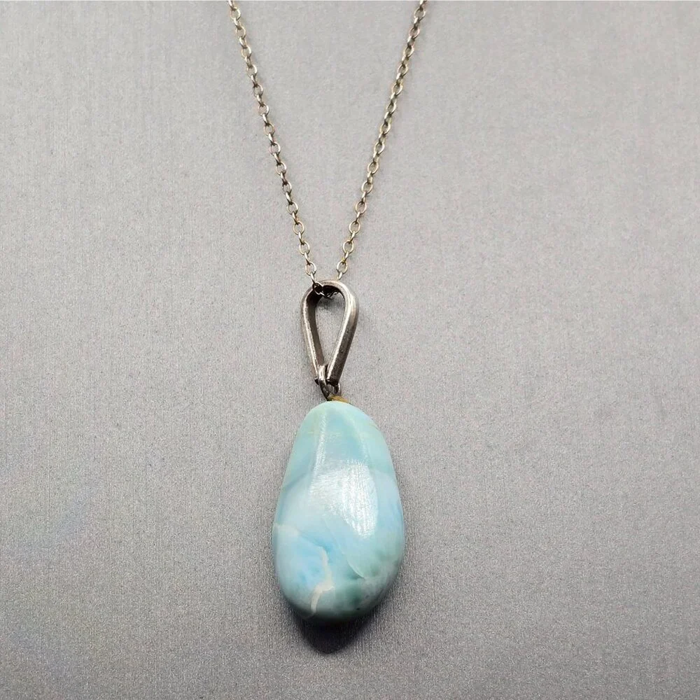 VTG Sterling Silver Larimar Pendant Necklace 18" Teardrop Signed F 6.79g - Picture 2 of 15